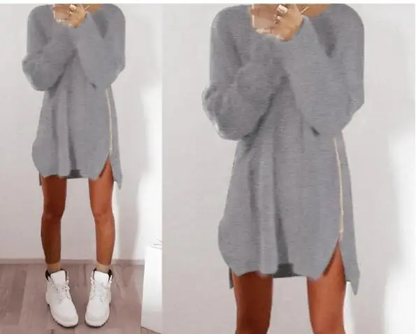 Women Long Sleeve Autumn Winter Knitted Zippers Side Jumper Sweater Dress Loose Tunic Baggy Dresses