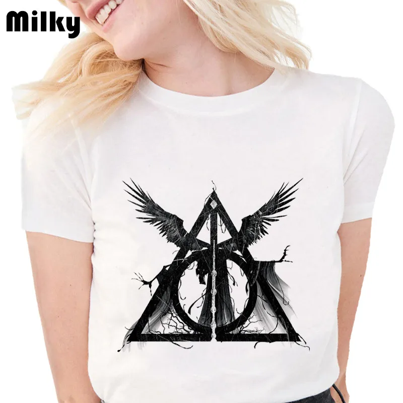 New Fashion Deathly Hallows Design T-shirts Tops Print Women T-Shirt Slim Casual Three Brothers Tale White aesthetic Tops