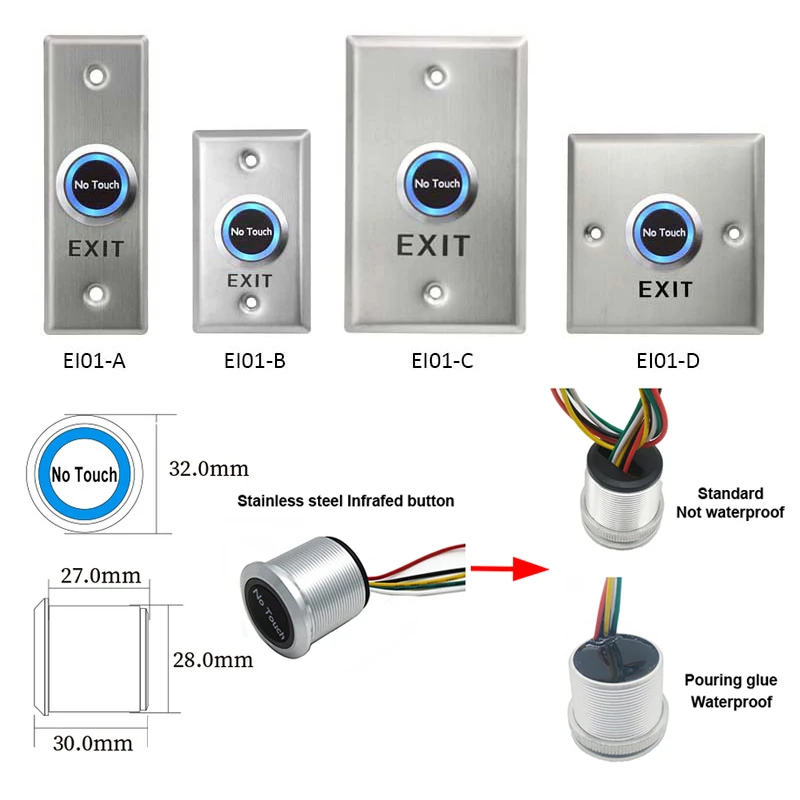 Contactless Waterproof No Touch Sensor Exit Switch Induction Type Release Exit Button Switch Access Control DC12V/24V With LED