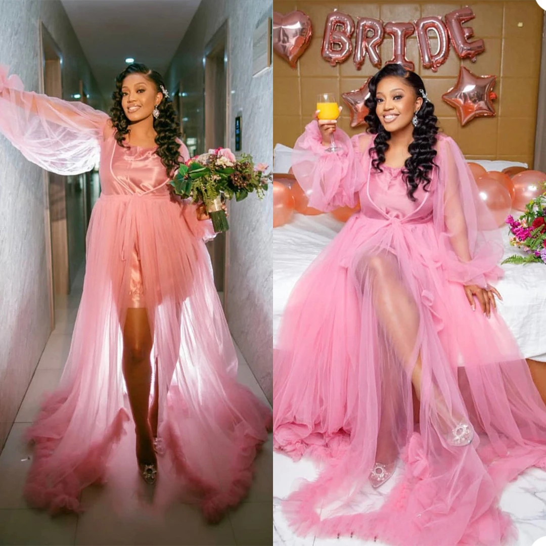 

Fashion Pink Pregnant Women Photoshoot Dress Sleepwear Sexy Photograph V Neck Robes Tiered Ruffles Bridal Bathrobe Wedding