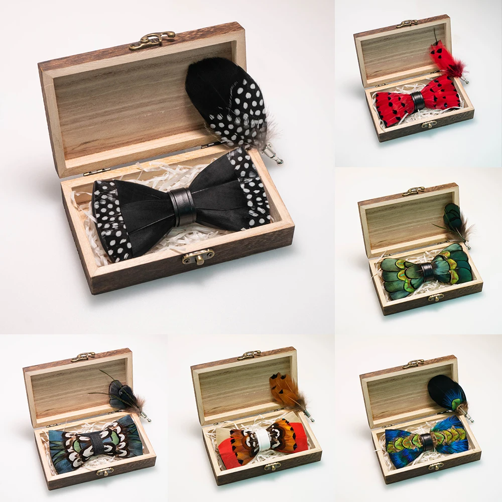 EASTEPIC Handmade Feather Bow Tie Brooch Wooden Box Set  Men's Exquisite Accessories for Wedding Party Birthday Gift Necktie