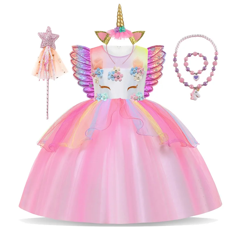 Christmas Flower Girl Unicorn Rainbow Costume Wedding Party Dress Kids Birthday Party Unicorn Role Dance Performance Dresses