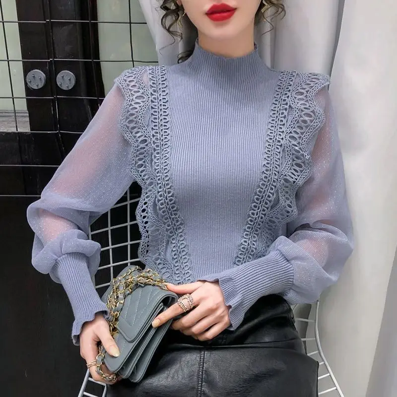 Spring and Autumn New Sweater Slim Mesh Lantern Sleeve Splicing Knitwear Long-sleeved Bottoming Pullover Women