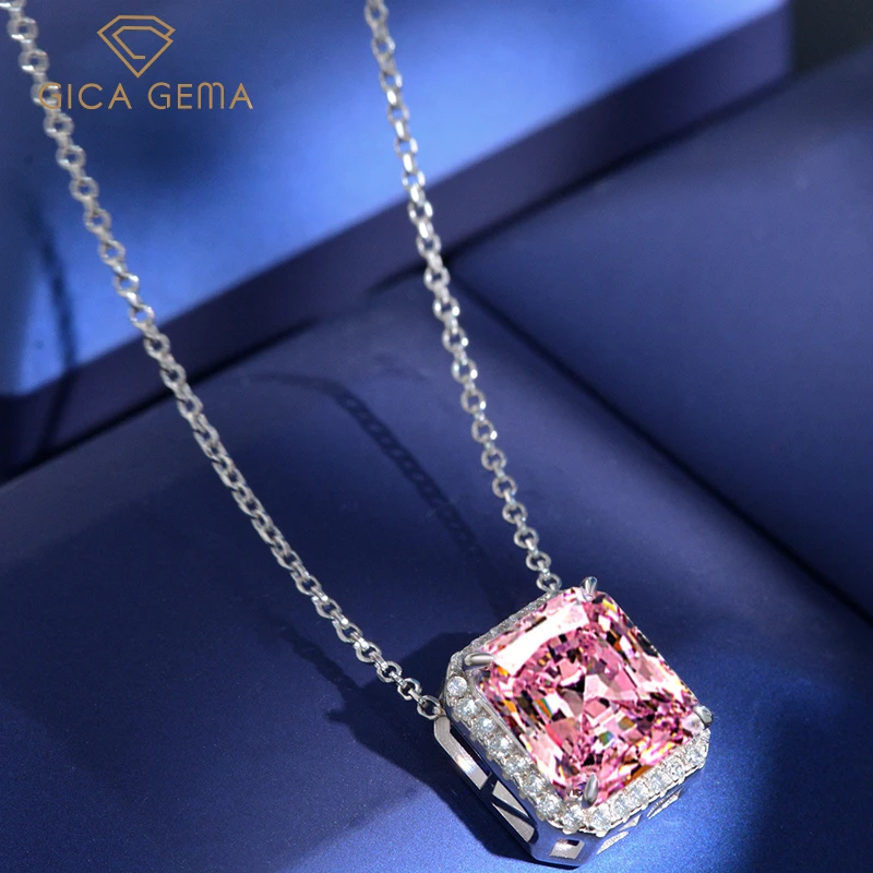 GICA GEMA 925 Sterling Silver 10*11mm Pink High Carbon Diamond 43cm Pendant Necklace For Women Sparkling Wedding Fine Jewelry