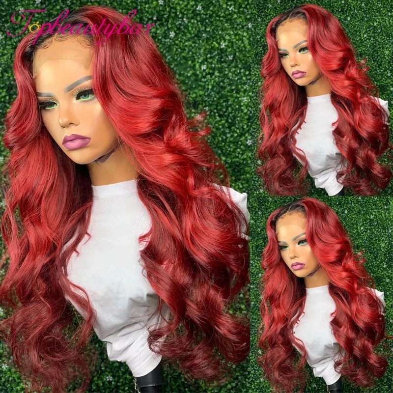 Ombre Red 13X4 Lace Front Wig 180% Density Wavy Human Hair Wigs For Women Brazilian Remy Colored Red Lace Front Human Hair Wigs