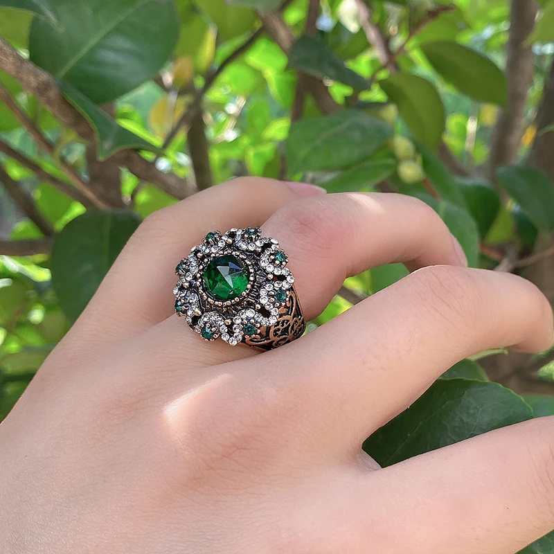 Kinel Hot Green Natural Stone Antique Rings For Women Vintage Wedding Jewelry Boho Crystal Flower Party Ring Christmas Gifts