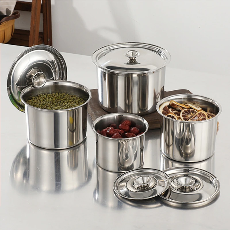 Stainless Steel Seasoning Jars for Spices Lard Tank with Lid Stew Pots Kitchen Sugar Bowl Grains Storage Box Container Organizer