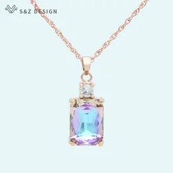S&Z DESIGN New Square Crystal 585 Rose Gold Color Pendant Necklace For Women Wedding Party Fashion Jewelry