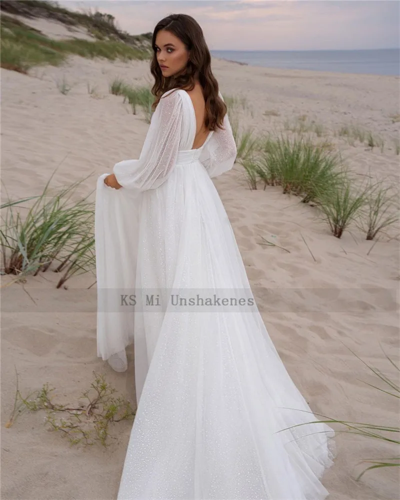 Sexy Beach Wedding Dresses 2022 Glitter Tulle Shiny Bride Dress Split Side V Neck Puff Long Sleeve Wedding Gowns Summer Backless