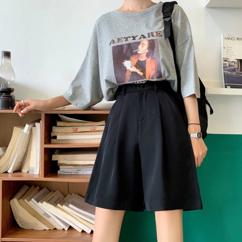 Quần Short Nữ Mùa Hè Nút Tới Đầu Gối Đen Ống Rộng Rời Drap Bọc Hàn Quốc-Phong Cách Casual Nữ Văn Phòng BF đầm Dạo Phố Thời Trang Đơn Giản