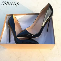 Tikicup Solid Patent Black Women Formal High Heels Elegant Ladies Pointed Toe Stiletto Pumps Chic Designer OL Dress Shoes