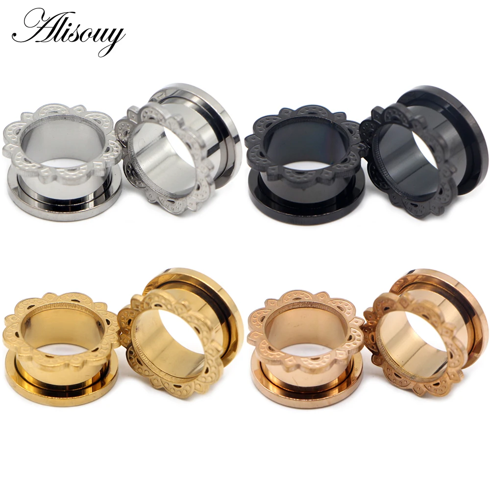 Alisouy 2pcs Stainless Steel Ear Gauges Plugs Flower Lace Ear Flesh Tunnel Expanders Stretchers Earring Piercing Body Jewelry