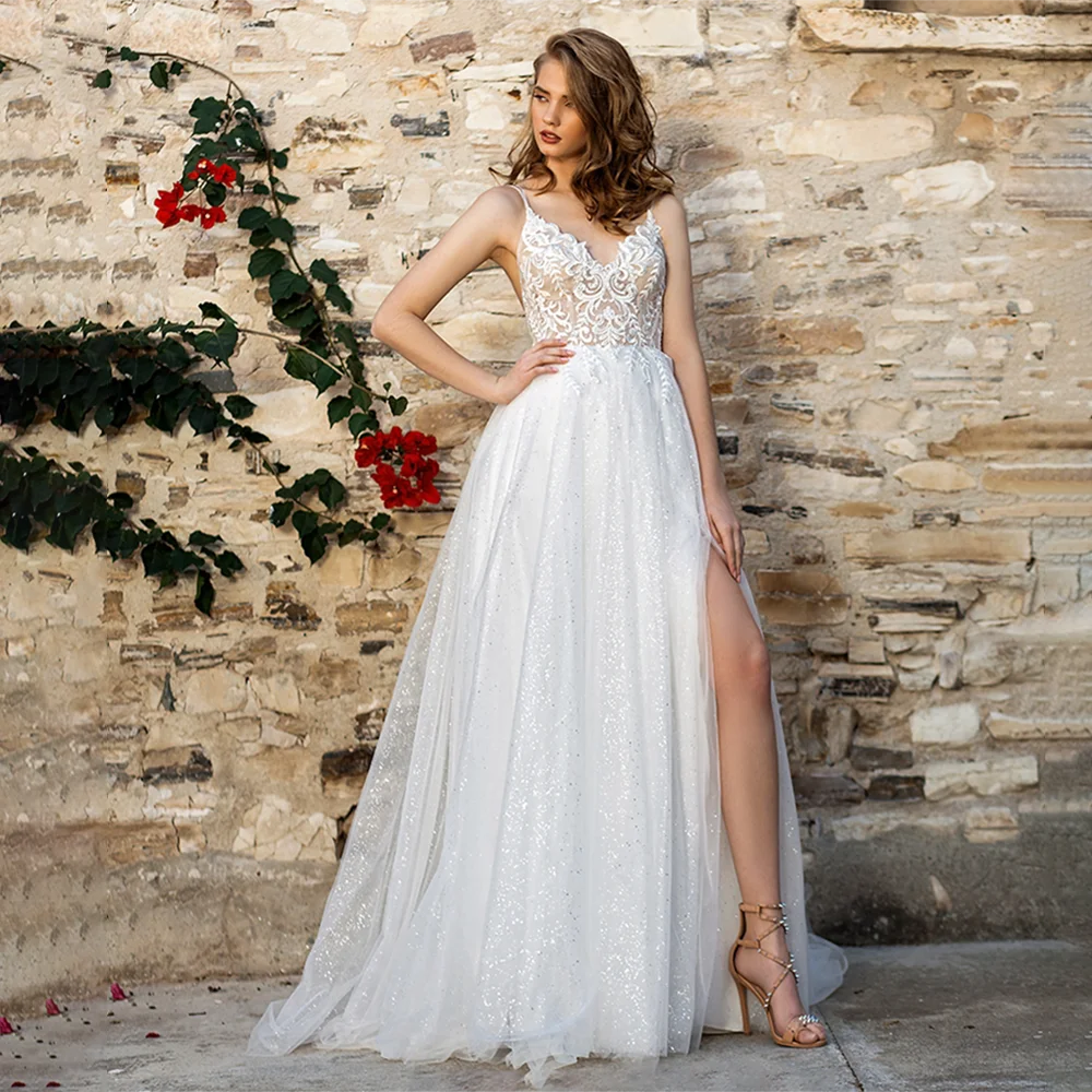 Vestido de novia de tul brillante con tirantes finos y abertura alta, vestidos de novia de lujo con espalda descubierta y borlas, fotografía de gran tamaño, encaje