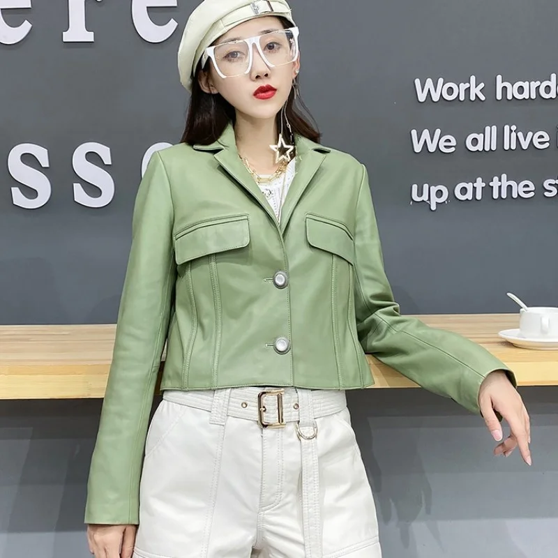 Women Office 100% Genuine Leather Suit Jacket Casual Loose Fit Sheepskin Coat Vintage Long Sleeve Single Breasted Short Jackets