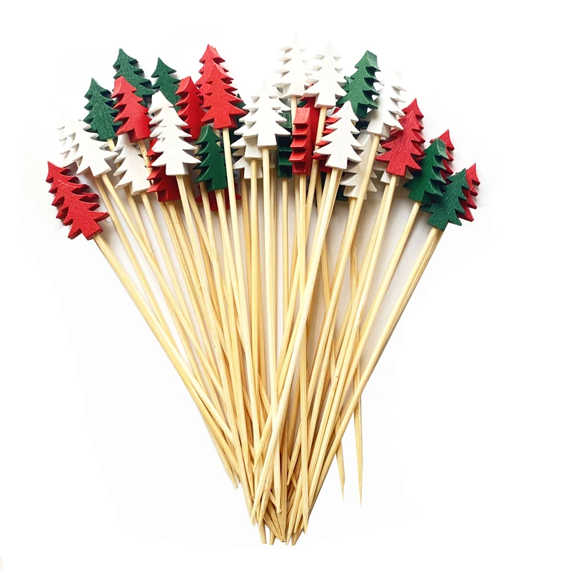 100Pcs Christmas Cocktail Picks Elk Santa Claus Fruits Bamboo Toothpicks for Drink Dessert Food Appetizers Wedding Party Decor