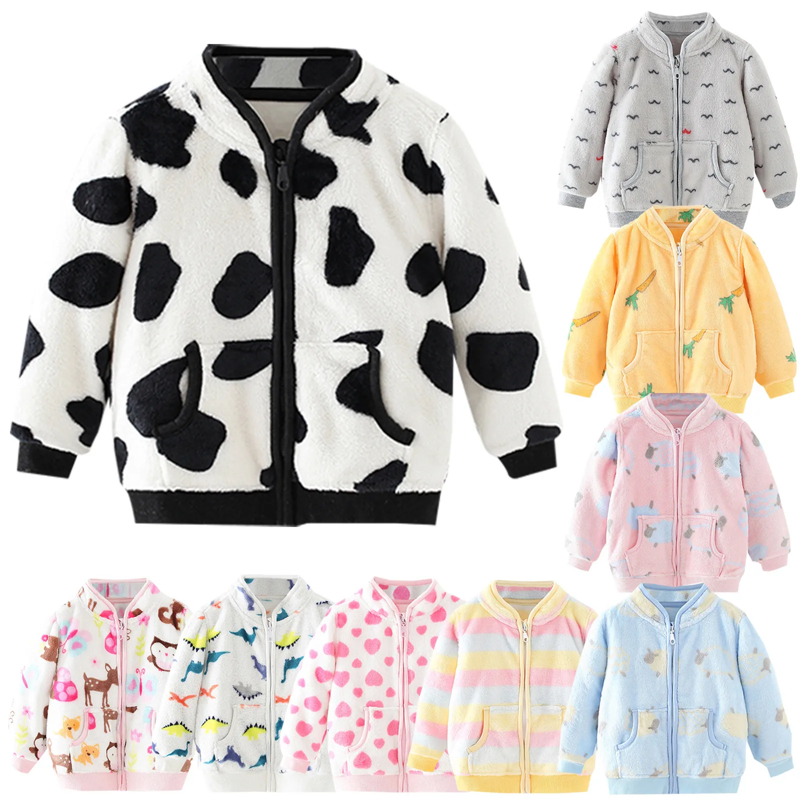 6M-5T Toddler Baby Kids Boys Girls Jacket Winter Windproof Zipper Cartoon Cow Print Coat Jacket Warm Fleece Outerwear Clothes