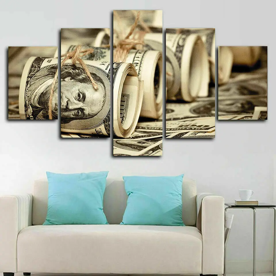 

No Framed Canvas 5Pcs 100 Dollar Bills Money Rolls Wall Art Posters Picture Modern Home Decor Accessories Living Room Paintings