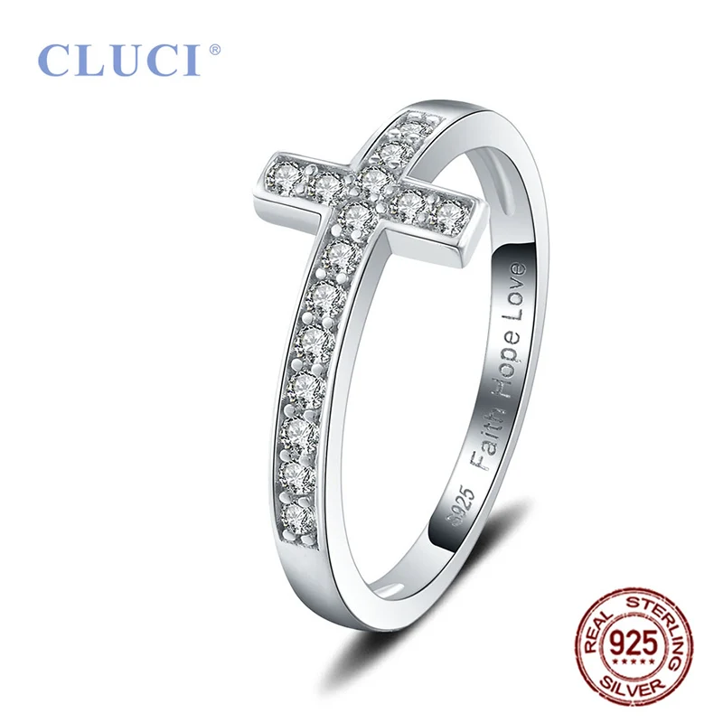 CLUCl Simple Silver 925 Cross Ring Jewelry for Women Sterling Silver Fashion Zircon Ring DR1044SB