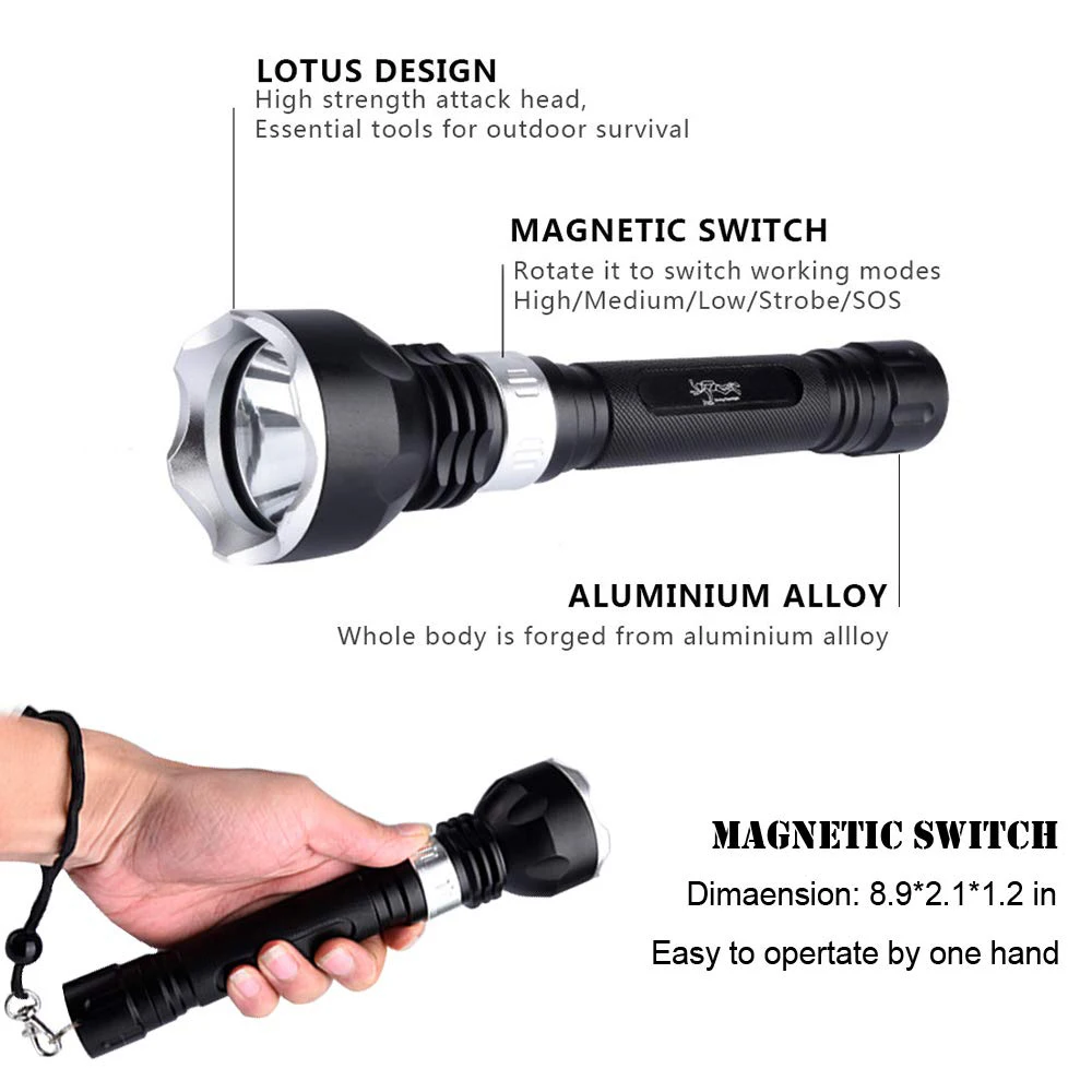 IP68 Waterproof Diving Flashlight Professional Diving Torch 100M underwater with Rotary touch switch 5 lighting modes Dive light