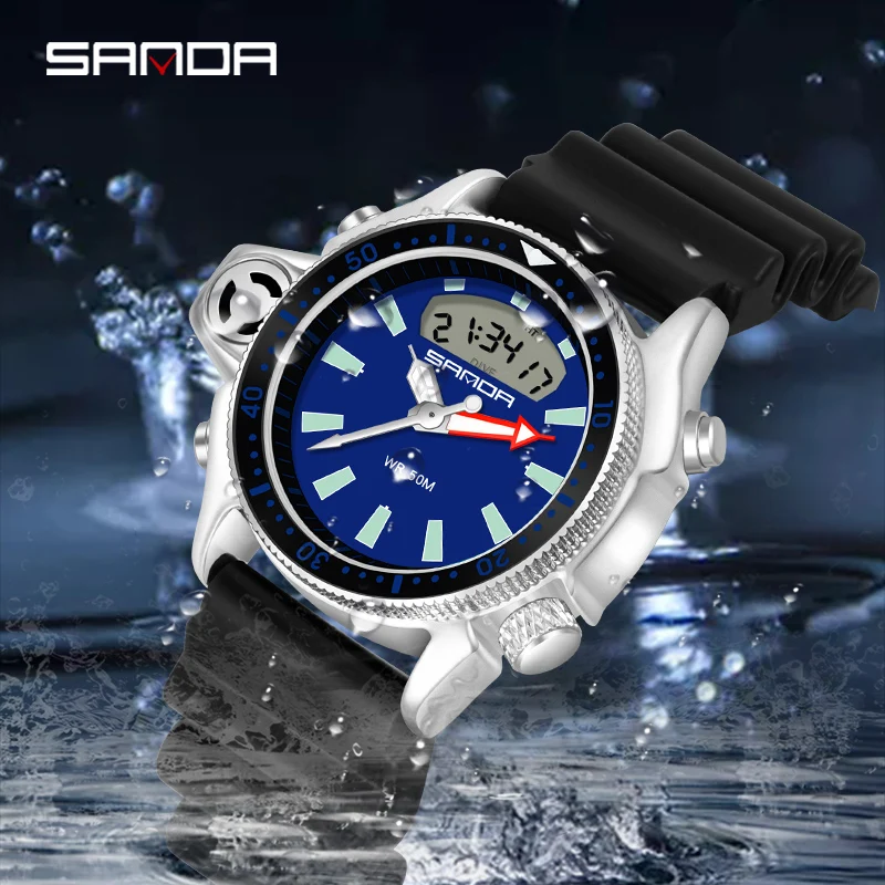 SANDA-reloj deportivo Digital de cuarzo para hombre, cronógrafo creativo de buceo, alarma, resistente al agua, con pantalla Dual, Masculino