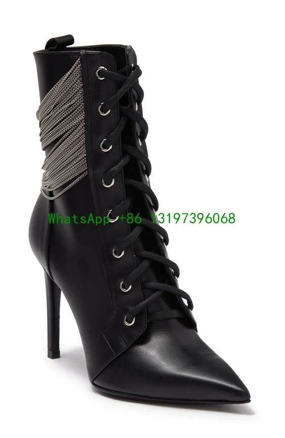 Ladies black lace-up ankle boots classic pointed toe fine zipper shoes everyday spring/fall footwear boots pointed toe size 37