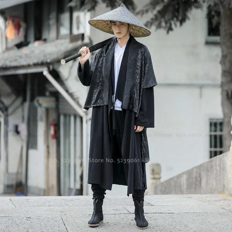 

Men Ancient Chinese Style Tang Suit Coat Kung Fu Long Robe Japanese Samurai Knight Kimono Gown Cardigan Haori Cosplay Costumes