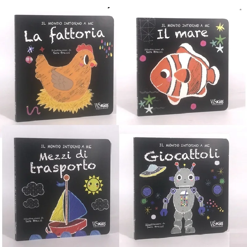 Livre italien pour parents et enfants, 2 livres aléatoires, éducation précoce, image mignonne, connaissance des mots, livre en carton, âge 0-3 ans