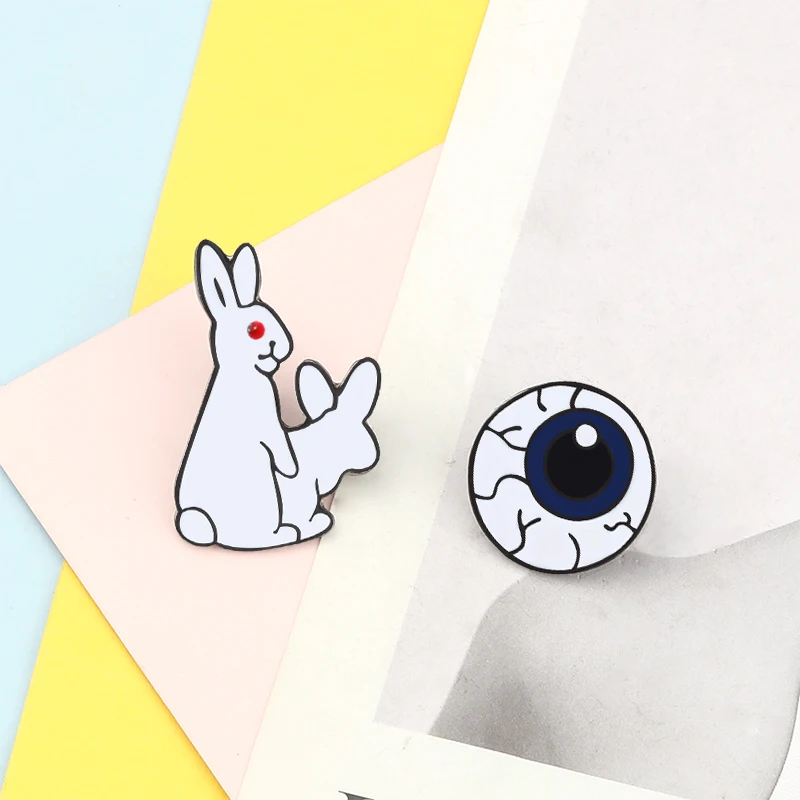 White Evil Animal Brooches Cartoon Rabbit Eye Enamel Pins For Women Men Coat Shirt Jackets Bag Lapel Pin Badges Fashion Jewelry