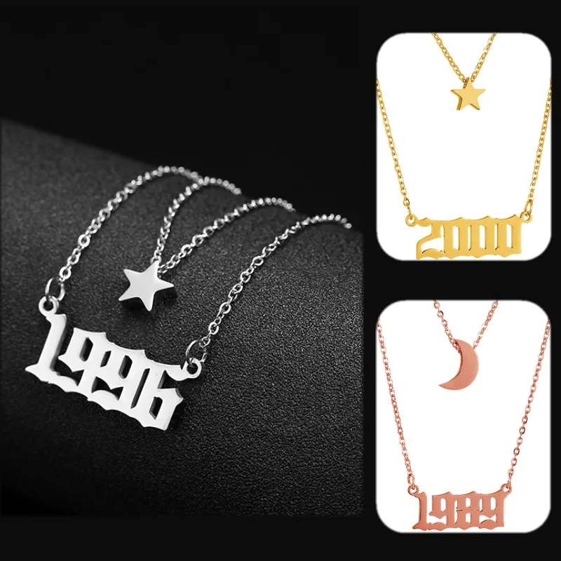 

Ожерелье с именем на заказ, многослойное ожерелье из нержавеющей стали золотого цвета с подвеской в виде звёзд, Луны, солнца, 1980-2019, подарок н...