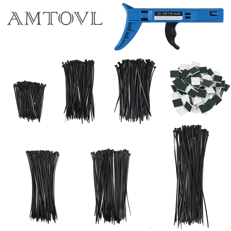 AMTOVL For 600pcs cable tie set UV resistant 100/150/200/300 (100 per pack) +100pcs cable tie holder + cable tie tool