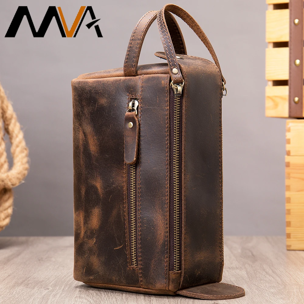 MVA Crazy Horse Leather Men Comestic Bag Vintage Mens Leather Wash Bags Travel Makeup Bag Pouch Double Zipper Man Toiletry Case