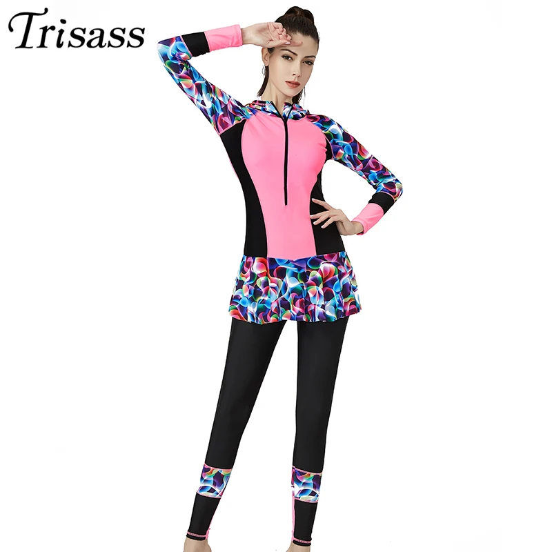 2020 Professional Women One Piece Skirt Sport Swimsuit L-6XL Plus Size Long Sleeve Bodysuit Long Pants Surf suit With Zipper Cap