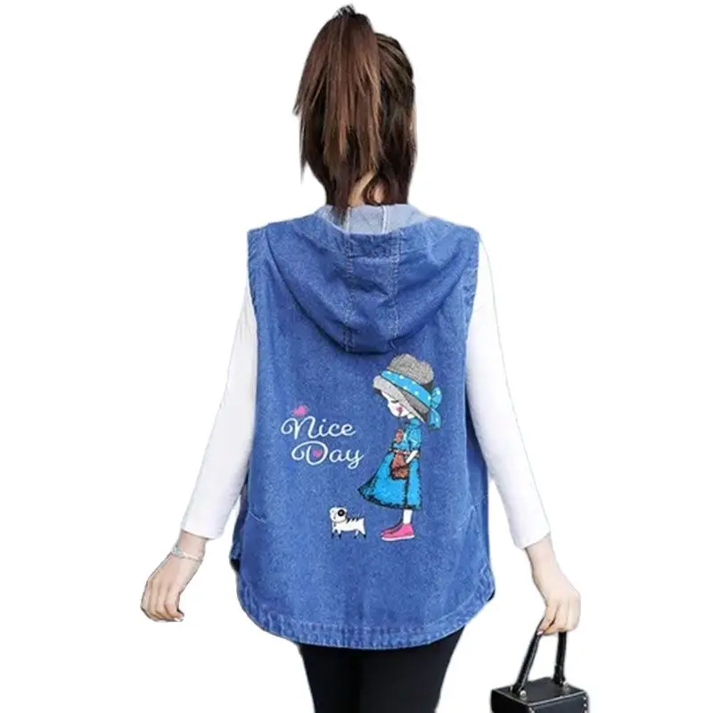 

Ladies Denim Vest Printed Sleeveless Cowgirl Vest Spring Autumn 2022 New Loose Women Jacket Denim Hooded Female Vest