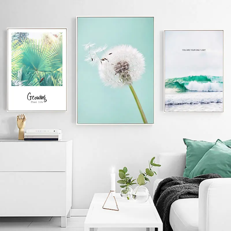 

Nordic Dandelion Green Plant Life Quotes Art Canvas Painting Chic Blue Waves Posters Wall Pictures Home Decor For Living Room