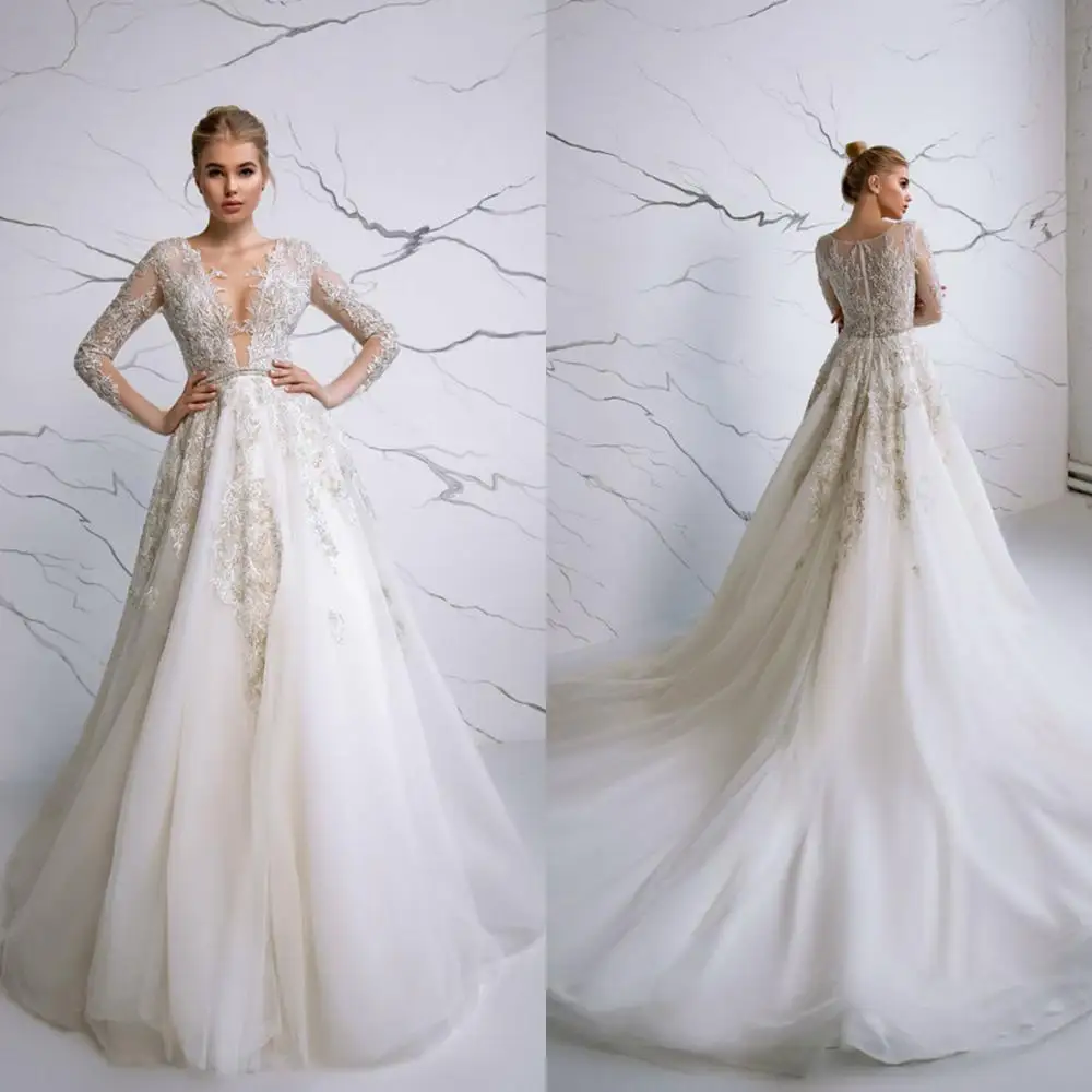 

2020 A Line Wedding Dresses Long Sleeves Lace Appliques Beads Bridal Gowns Custom Made Sweep Train Wedding Dress