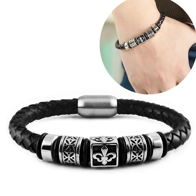 Mens Classic Charm Plum Blossom Engraved Black Leather Bracelet for Mens Rock Party Punk Jewelry