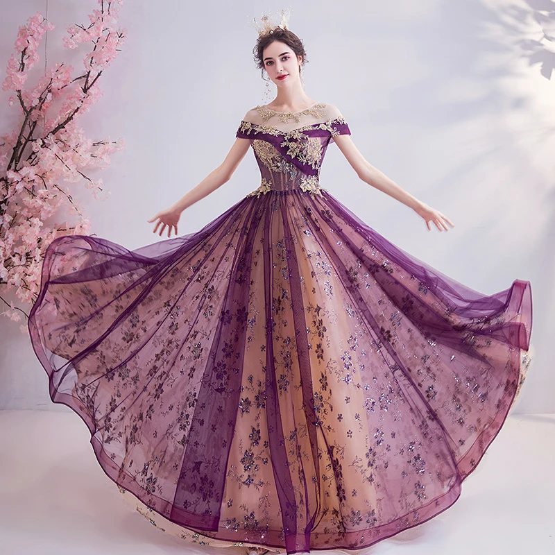 2020 Nieuwe Mode Paars Korte Mouwen A-lijn Tulle Applicaties Bloemen Elegant Avondjurken Bruid Banket Party Prom Dress ND28