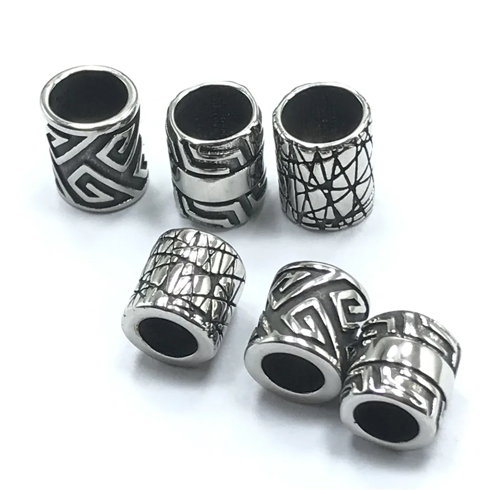 4ps Stainless Steel Large 6/8mm Hole Engrave Lanyard Cylinder Beads Spacer Leather Cord Bracelet Jewelry Making DIY Accessories