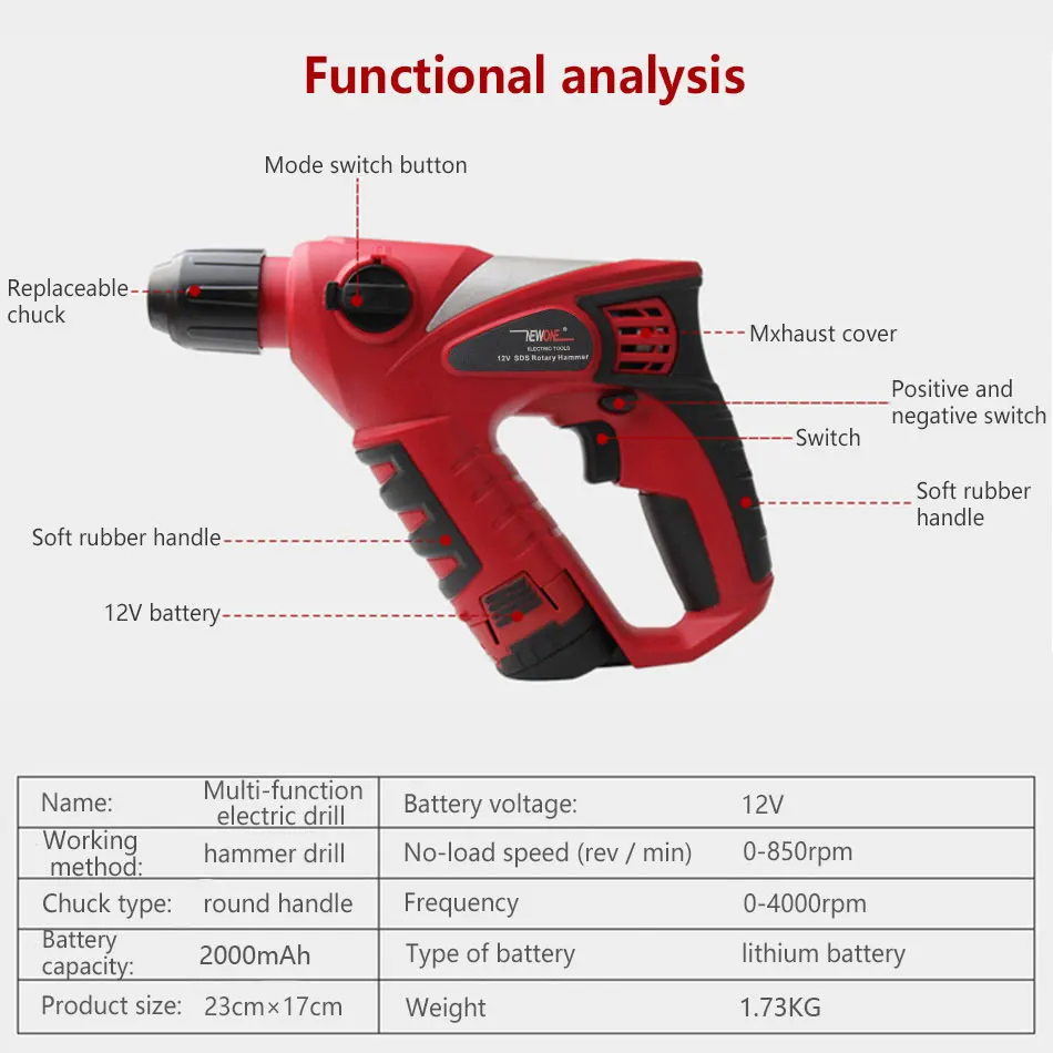 12V Cordless Electric Hammer Impact Drill 2000mAh battery Rechargable Multifunction Rotary Tool Home Power Tools Screwdriver