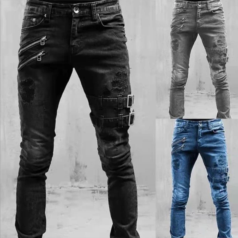 2024 Explosive Men's Bike Jeans S-3XL High-Stretch Skinny Low-rise Pants Pocket Edge Strap And Zipper Men's Jogging Pants Ripped