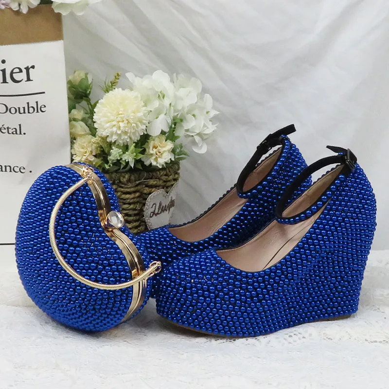 BaoYaFang Royal Blue Pearl Ankle Strap Wedding shoes and bags platform shoes Wedges Woman Pumps High Shoes Buckle Round Toe