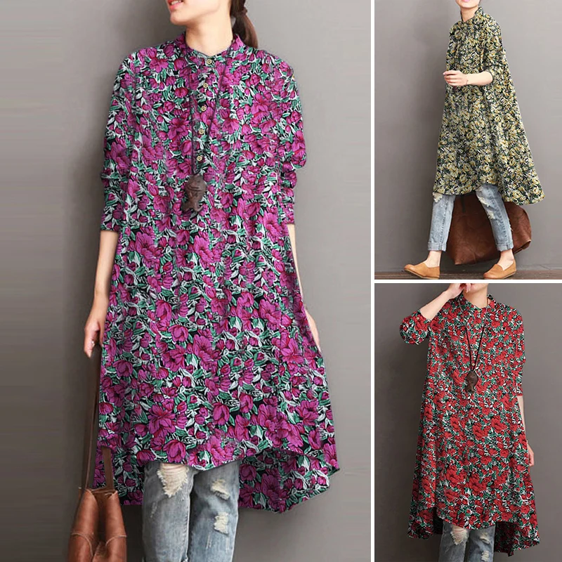 2023 ZANZEA Autumn Women\'s Floral Blouses Elegant Shirt Vestidos Casual Long Sleeve Long Tops Female Printed Tunic