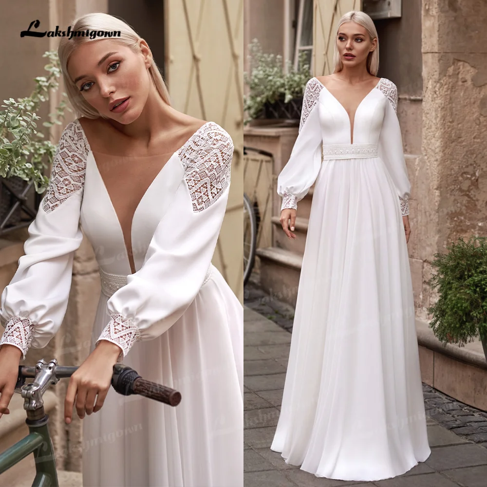 Robe de mariée à manches longues en mousseline de soie, style Boho, simple, col en V, coupe trapèze, pour la plage, 2024