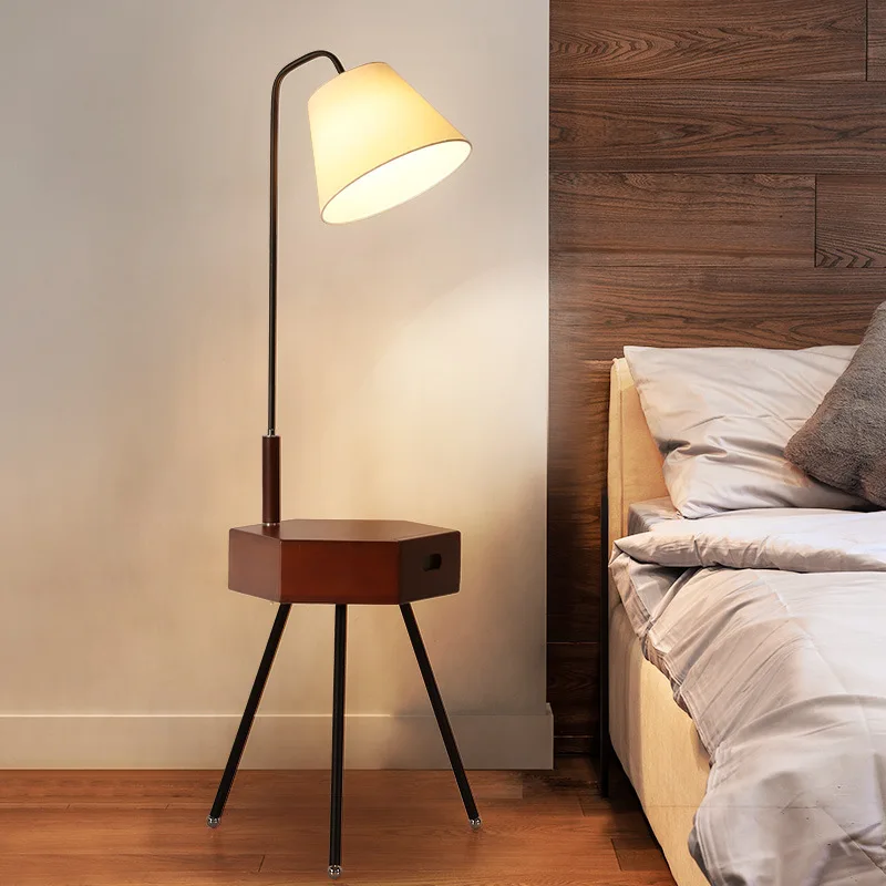 LED Floor lamp Nordic Living Room Sofa Tea Table Shelf Lamp Solid Wood Floor Lamp With drawer Study Room Bedside Floor lamp