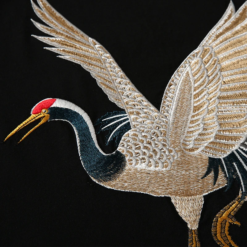 Lyprerazy Streetwear Chinese Japan Style Red-crowned crane TShirts Mens Short Sleeve T-shirts Hip Hop Embroidery Tees