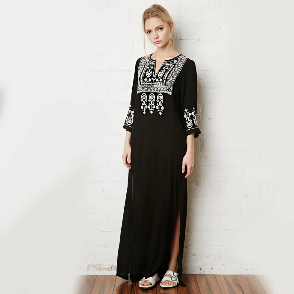 Khale Yose Floral Embroidery Dress V-Neck Black Vintage Maxi Dresses Cotton Holiday Boho Ethnic Chic Split Beach Women Clothing