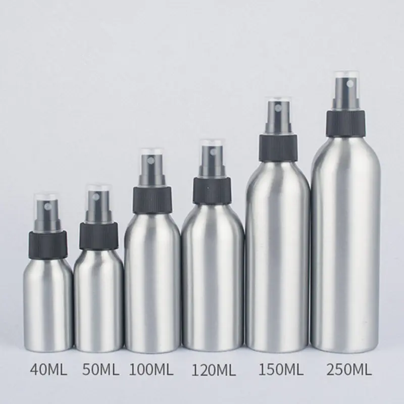 10pcs/lot 40/50/100/120/150/250ml New Nozzle Cosmetic Container Empty Aluminum Perfume Bottle With Ribbed Sprinkler Spray Bottle