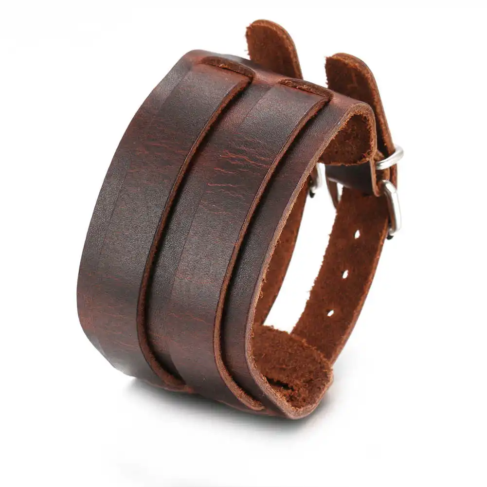 2024 Trend Jewelry Vintage Hand Woven Wide Leather Bracelet  Cuff Double Breasted Bracelet for Men Pulsera Hombre