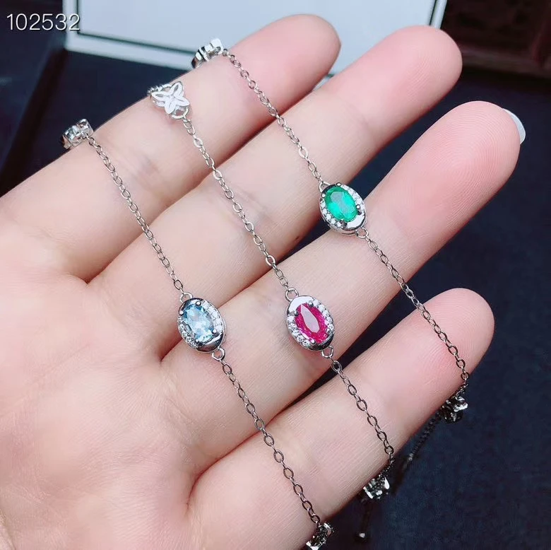 KJJEAXCMY Fine Jewelry 925 sterling silver inlaid natural pink sapphire emerald aquamarine female bracelet support detection