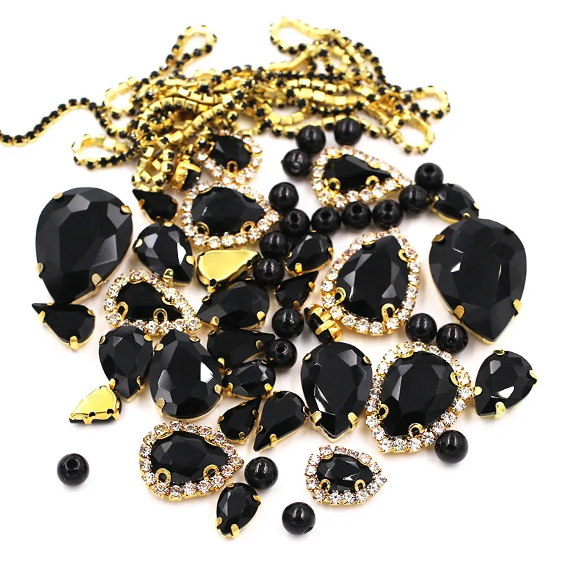 Wedding Decoration gold base Black Mix size Glass Crystal Stones Pearl Beads Cup Chain Rim Rhinestones Sew On Clothing/Dress